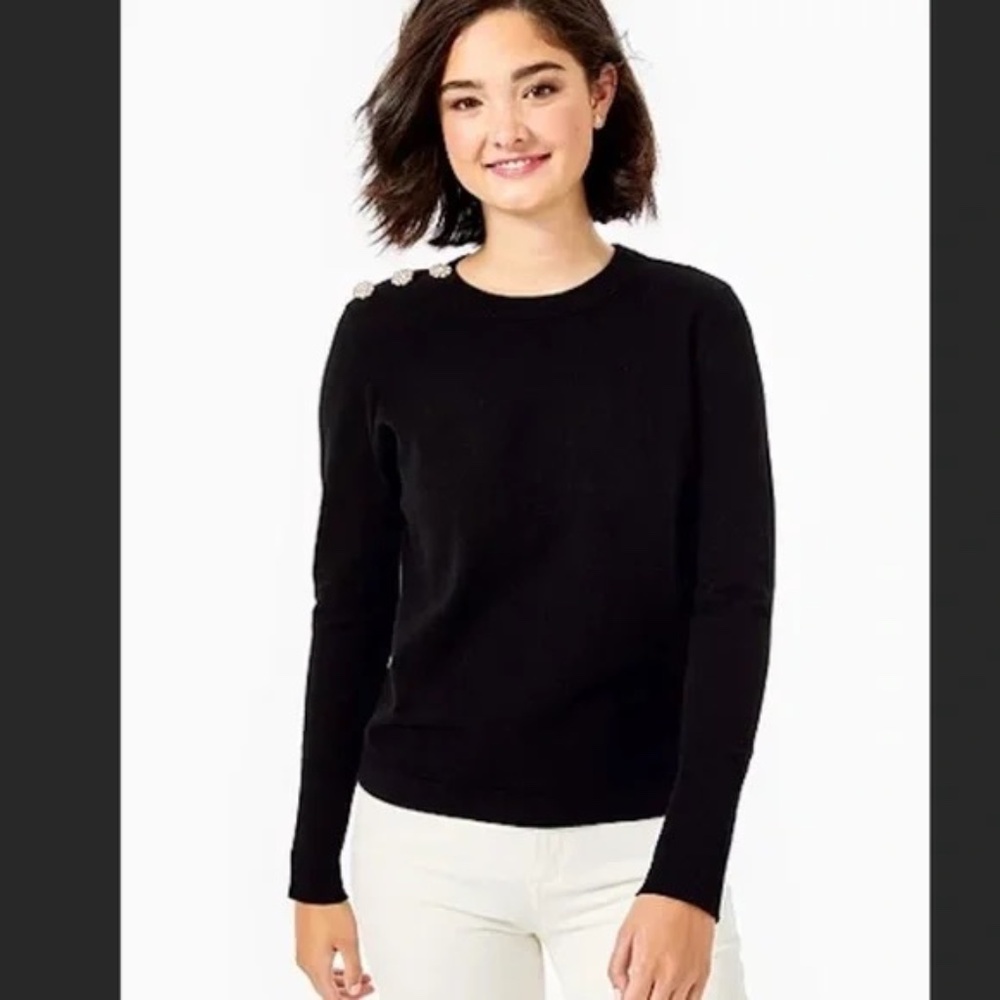 NWT Lilly Pulitzer Morgan Black Sweater Crystal Buttons on Shoulder